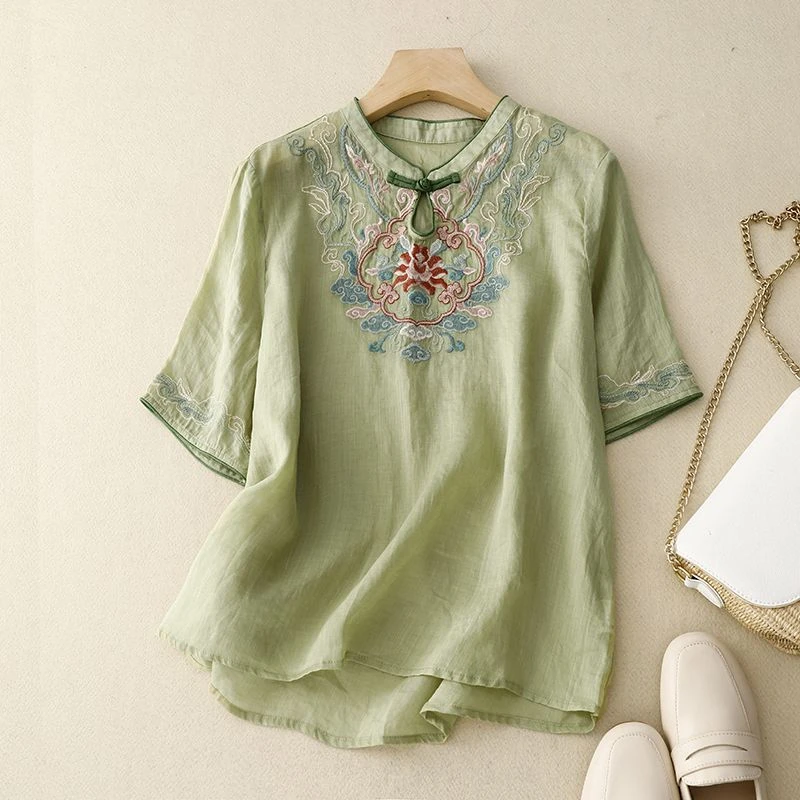 7260#民族风v领碎花宽松上衣女夏中袖衬衫盘扣文艺复古中国风女装