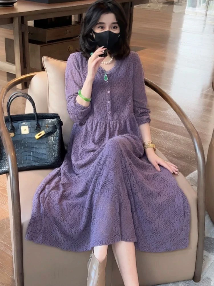 7327#时尚复古气质长袖高档连衣裙2024秋季新款紫色显瘦裙子长裙