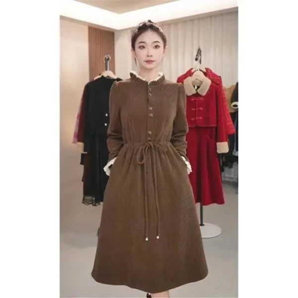 2024新款连衣裙长袖气质秋冬时尚裙子收腰中长款洋气显瘦7318#