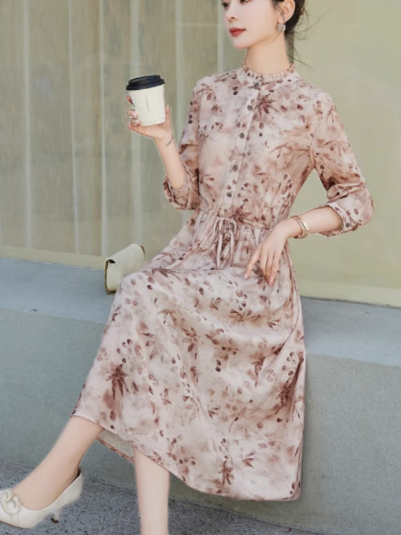 7325#时尚连衣裙秋季新款2025气质系带显瘦收腰高端妈妈碎花裙子