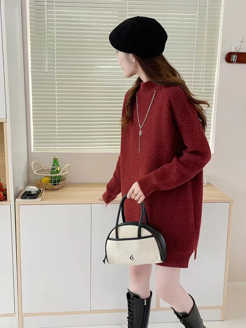 中长款毛衣女加厚新款半高领貂绒宽松毛衣裙慵懒风女士时尚针织衫