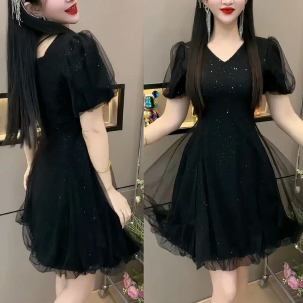 洋气连衣裙女气质V领洋气短袖收腰连衣裙女484846
