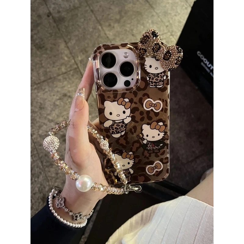 秋冬豹纹猫咪满钻蝴蝶结适用苹果16promax手机壳15保护套1413链条