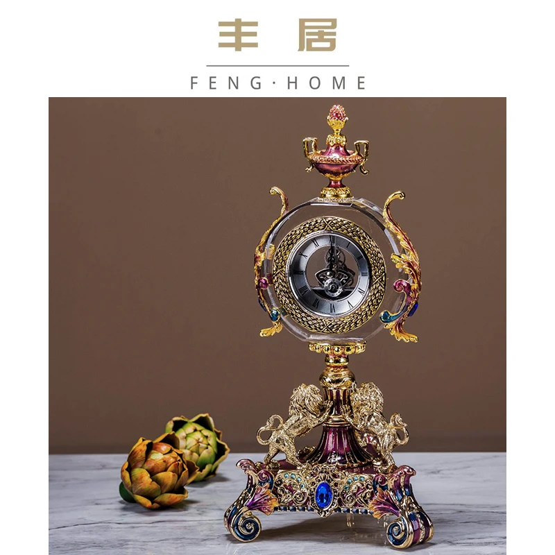 丰居FENG.H 狮子王钟表 欧式高档珐琅彩壁炉装饰贵族装饰摆设品