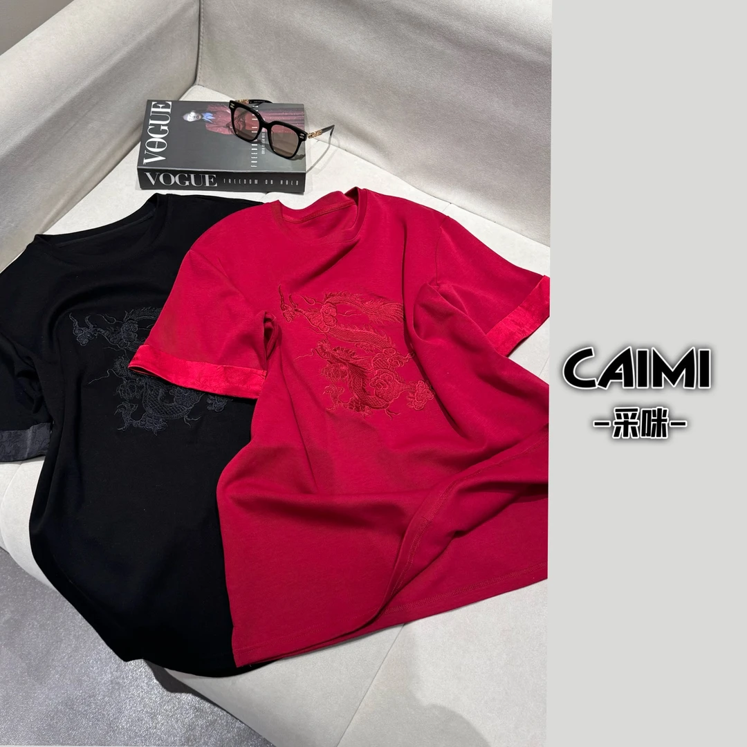 微胖钟姐【龙凤呈祥】重工圆领半袖设计感刺绣复古宽松T恤11255