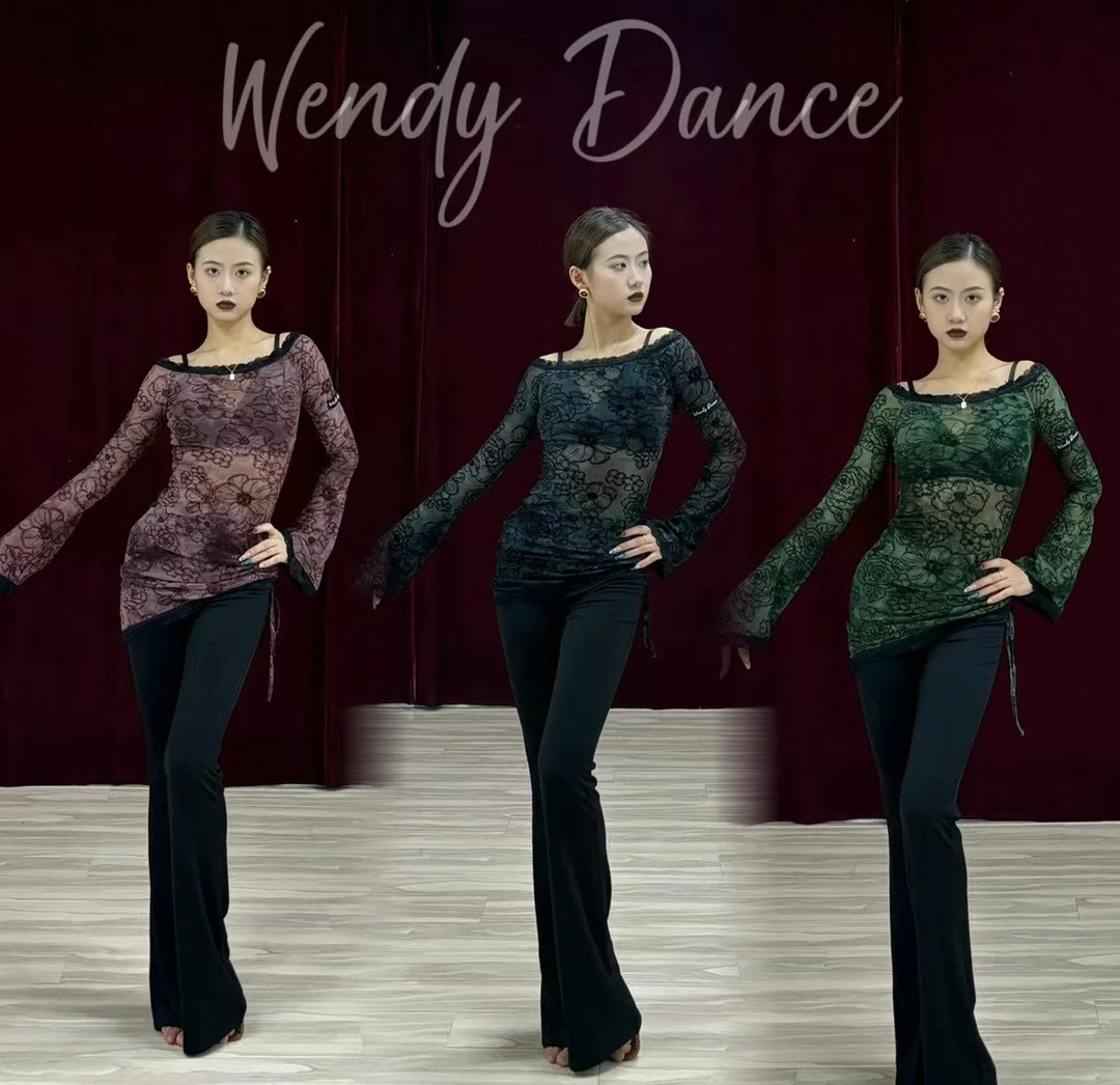 Wendy拉丁舞服蕾丝拼接网纱长袖大衫抽绳