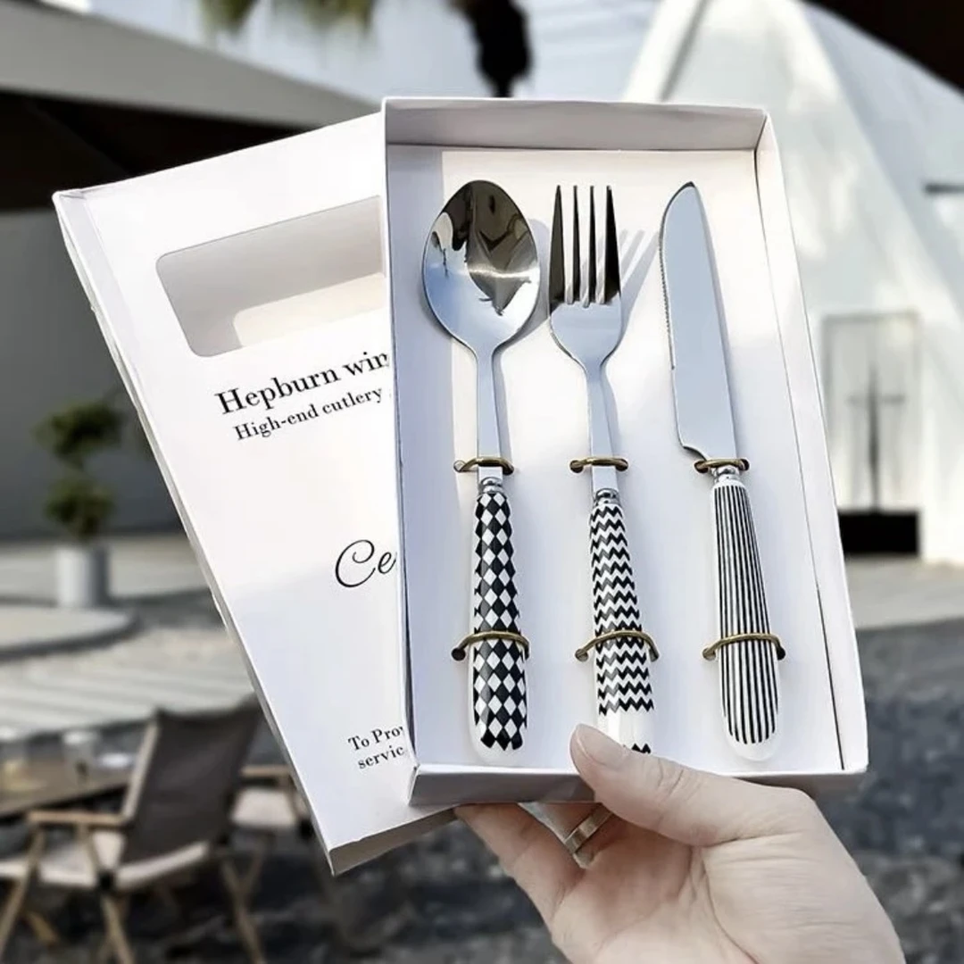 【外贸品质】赫本风陶瓷手柄不锈钢刀叉勺餐具礼盒套装高颜值勺子