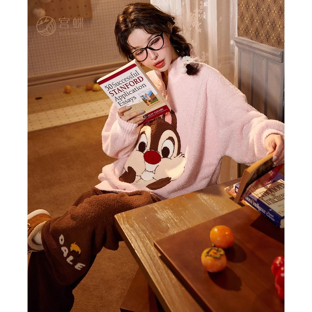 宫蝶【蓄热型】迪士尼奇奇蒂蒂秋冬睡衣女保暖抗静电半边绒家居服