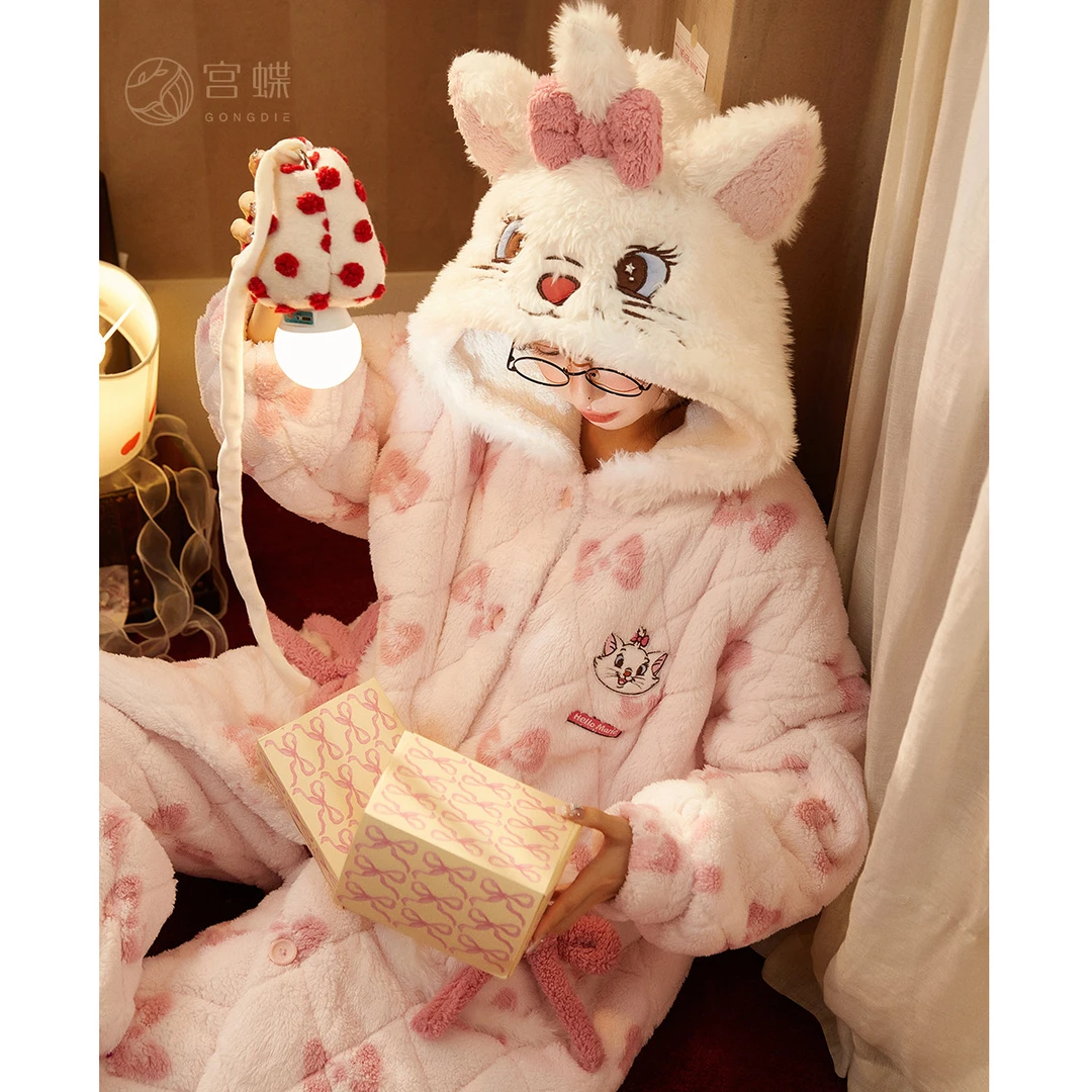 宫蝶【御寒型】迪士尼玛丽猫睡衣女冬季加厚珊瑚绒夹棉家居服套装