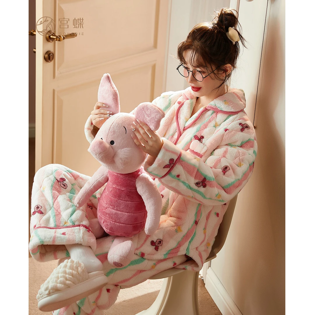 宫蝶【御寒型】迪士尼小猪皮杰秋冬季睡衣女加厚珊瑚绒夹棉家居服