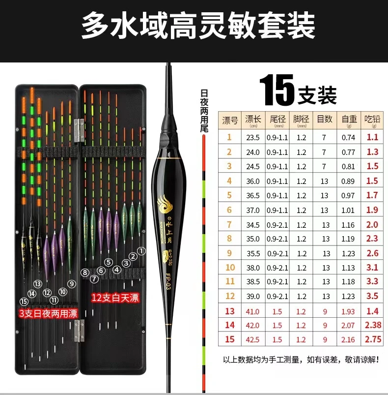 15支高灵敏日夜组合浮漂套装全水域通用鱼漂电子漂夜光漂浮标渔具