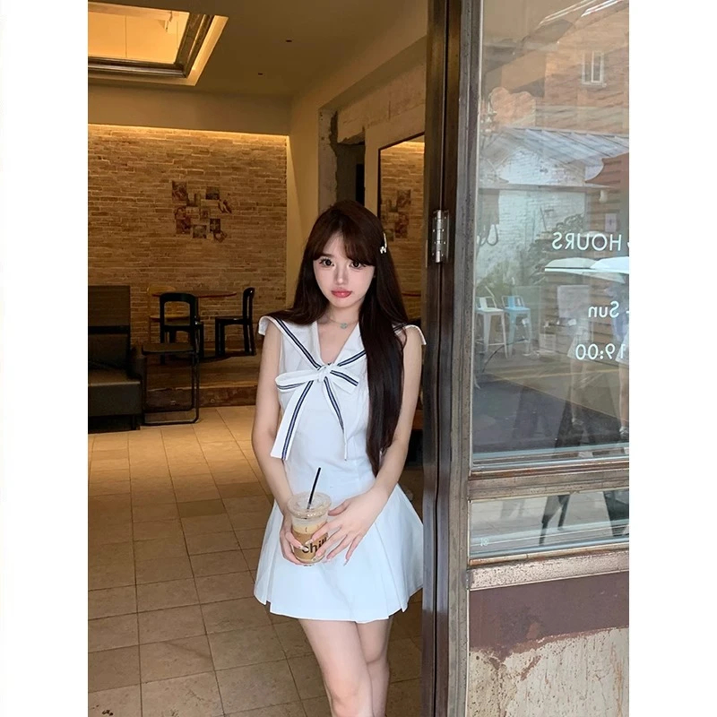 笨比甜Sweety  复古辣妹织带海军水手领蓝白撞色无袖连衣裙女夏季