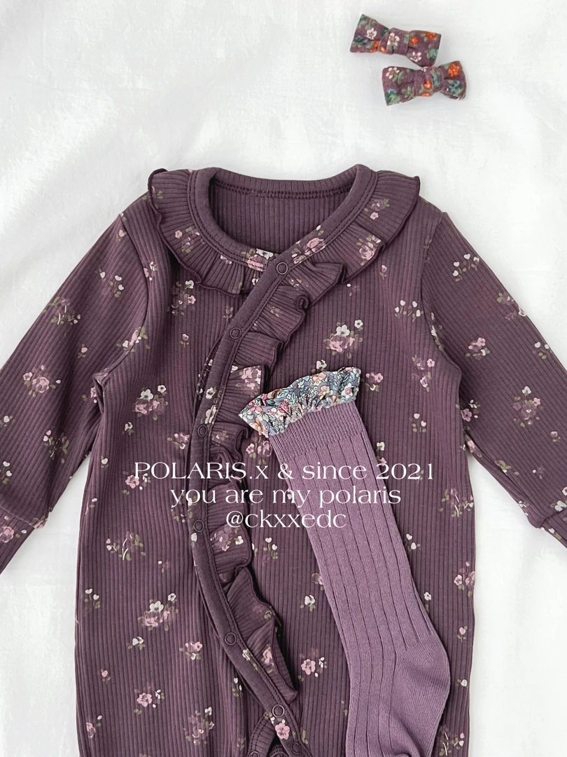 莓紫花 | 小众海外女宝婴儿秋冬长袖开襟花边连体衣爬服