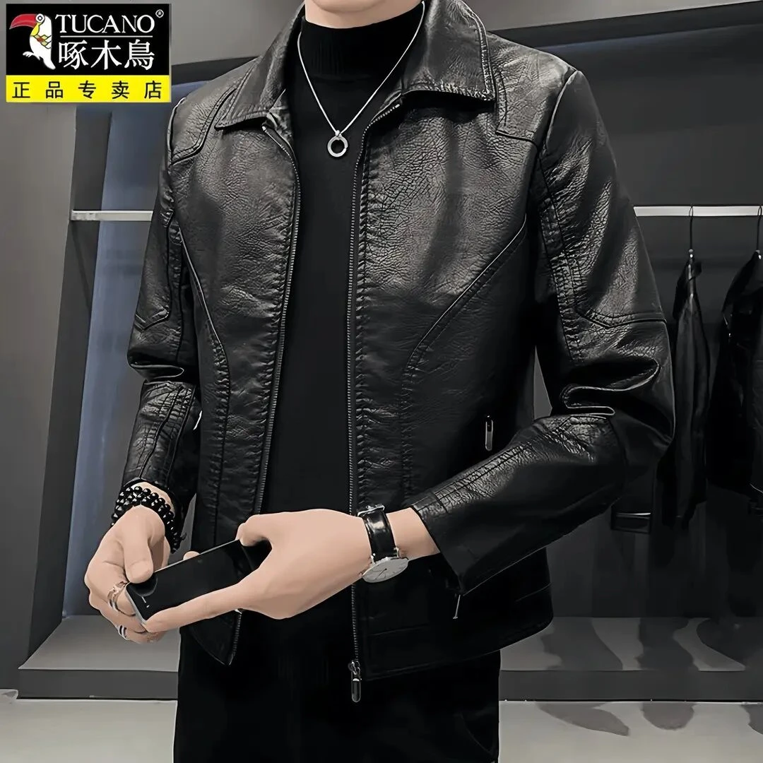 啄木鳥高档海宁皮衣男秋冬季潮牌韩版男士机车外套痞帅男款皮夹克