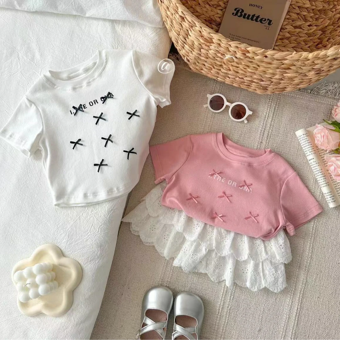 2024圆领童洋气打底夏季新款半袖韩版宝宝蝴蝶结儿童卡通潮T恤