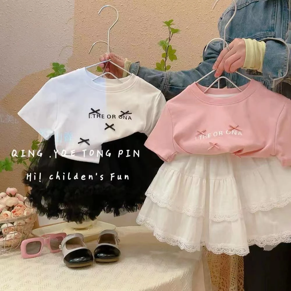 【现货】儿童韩版时尚洋气字母蝴蝶结短袖T恤女童打底（夏款）