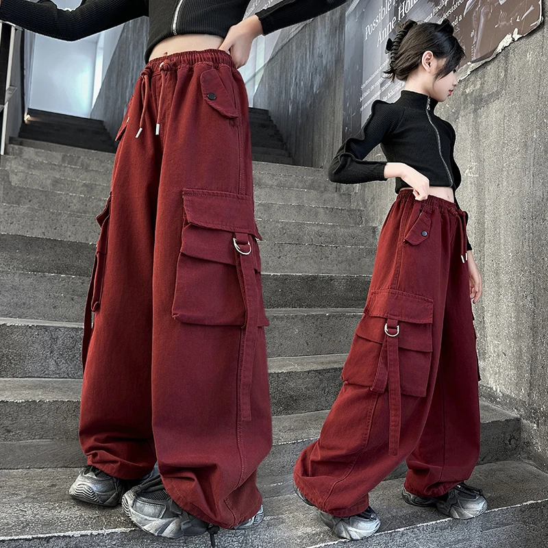 女童工装裤春秋款2024新款儿童中大童时髦直筒裤爵士街舞阔腿裤潮