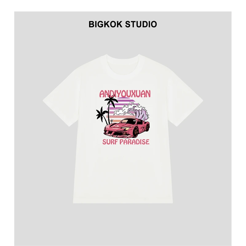 重磅纯棉短袖t恤海浪红跑车印花休闲宽松圆领半袖百搭潮流男上衣