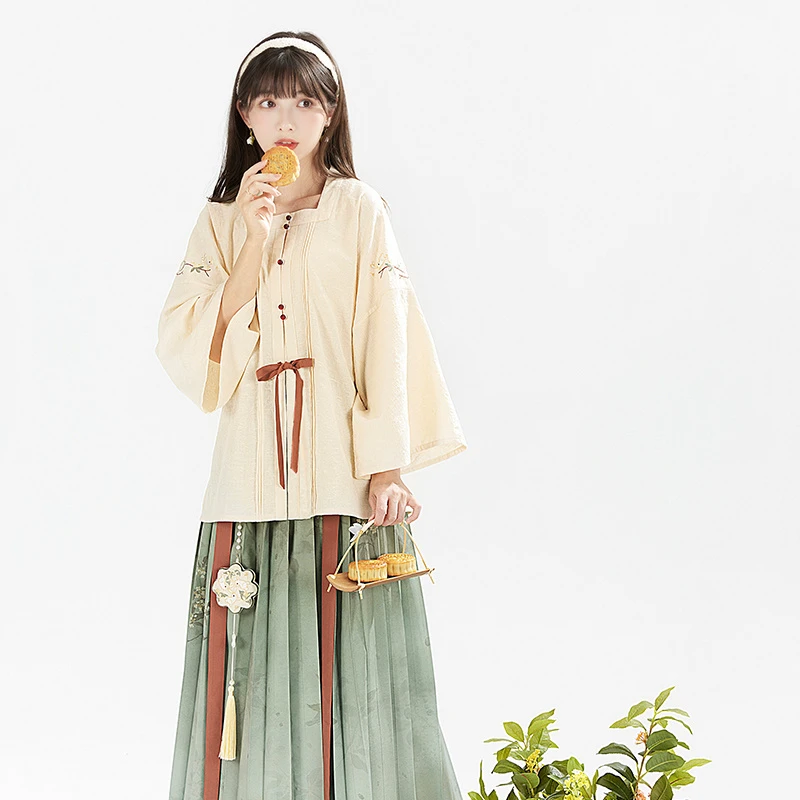 池夏【花间事·桂枝兔】方领衫褶裙原创改良中秋汉服 日常国风