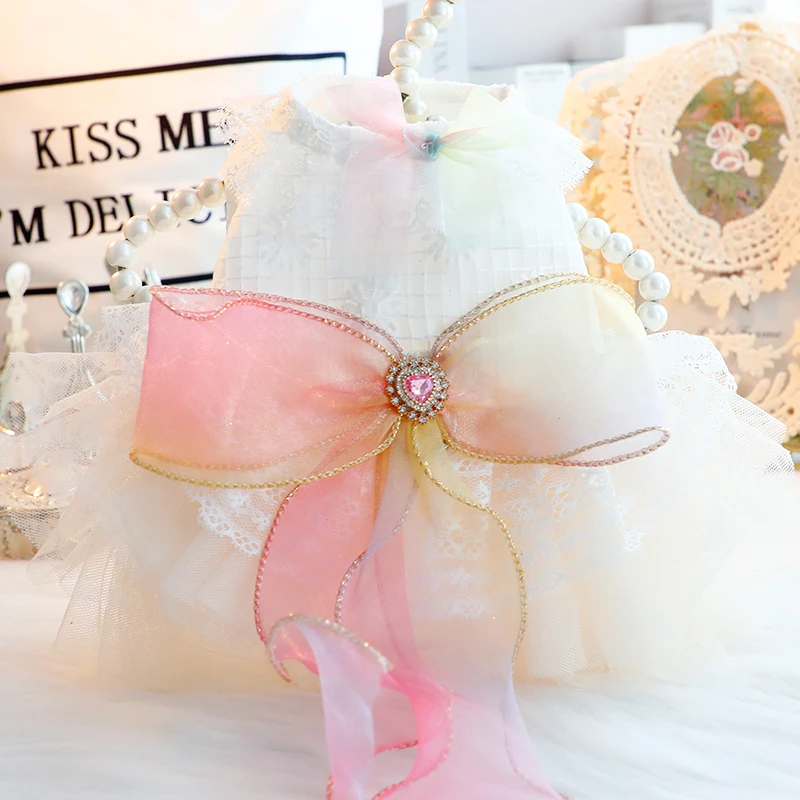 狗狗衣服春秋装猫咪公主裙彩虹可牵引蓬蓬婚纱小型犬泰迪宠物5937