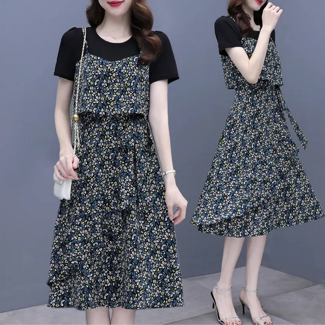 2024年假两件连衣裙夏季显瘦时尚设计感碎花裙减龄收腰不规则边