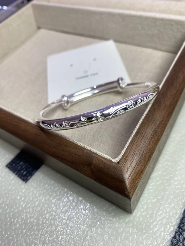 足银手镯 足银999.9福字小花时尚推拉手镯送妈妈礼物实心精美