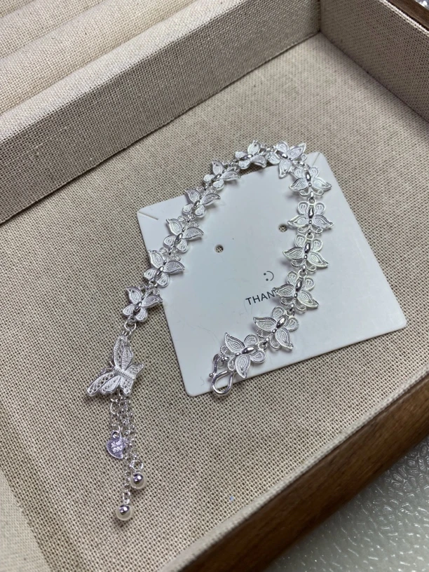 足银手链 足银990花丝蝴蝶流苏圆珠手链女新中式国风手链轻奢