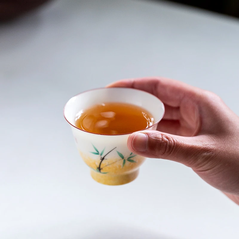 碌心  中式白瓷小清新竹子手绘茶杯家用客厅茶具单杯品茗杯主人杯