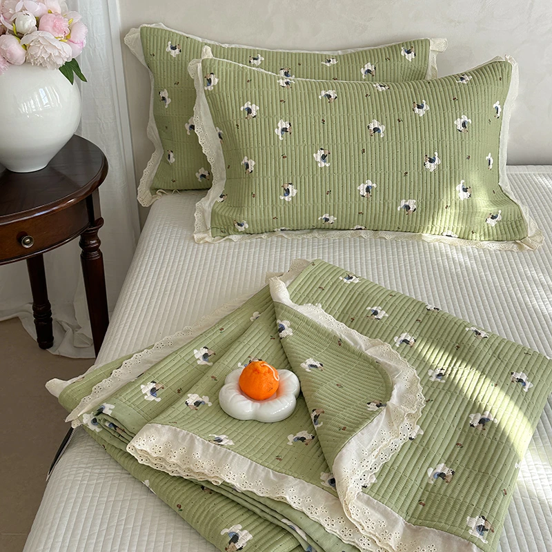 新款床盖三件套小花边纯棉纱布轻奢家用透气四季床铺盖三件套全棉