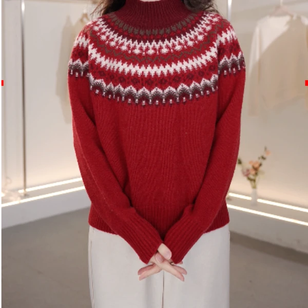 2024年新款宽松慵懒风纯色羊毛针织衫长袖半高领加厚费尔岛纯羊毛