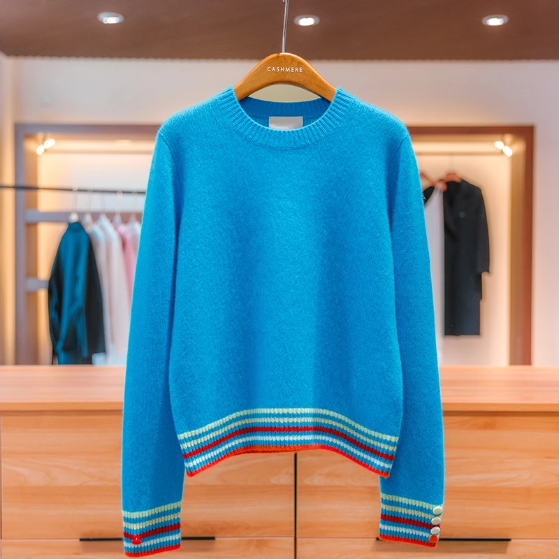 5-7双股圆领纱刘雯大表姐康赛妮100%纯山羊绒衫女毛衣蓝色