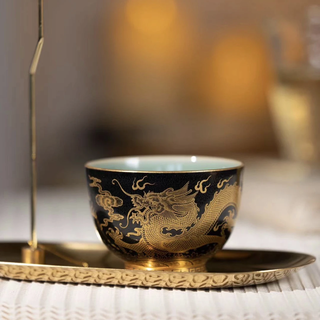华隐堂黑地描金陶瓷缠枝神龙主人杯茶杯杯碟龙纹品茗杯茶具