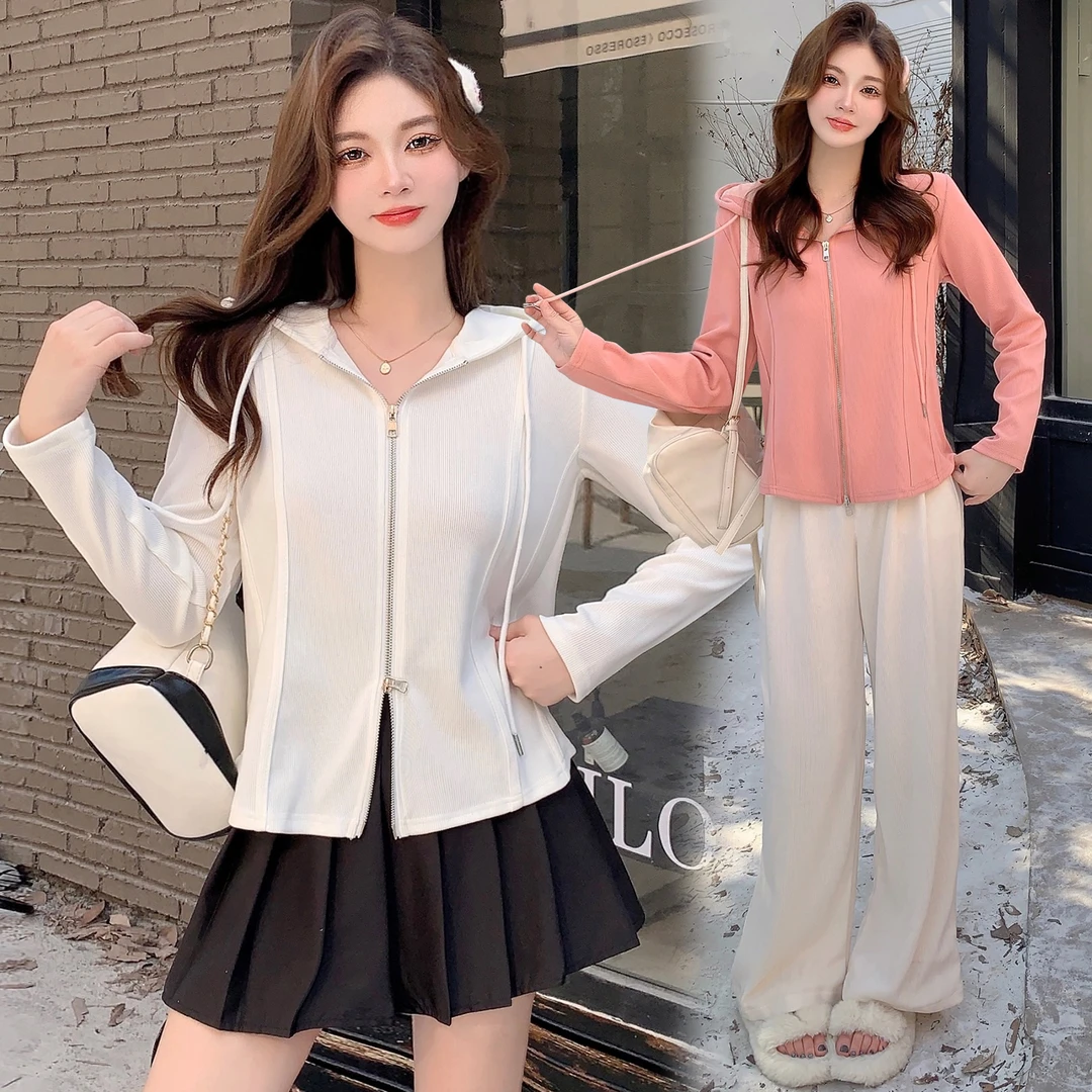 秋季长袖大码T恤女装百搭双开拉链显瘦连帽休闲开衫外套潮7622#