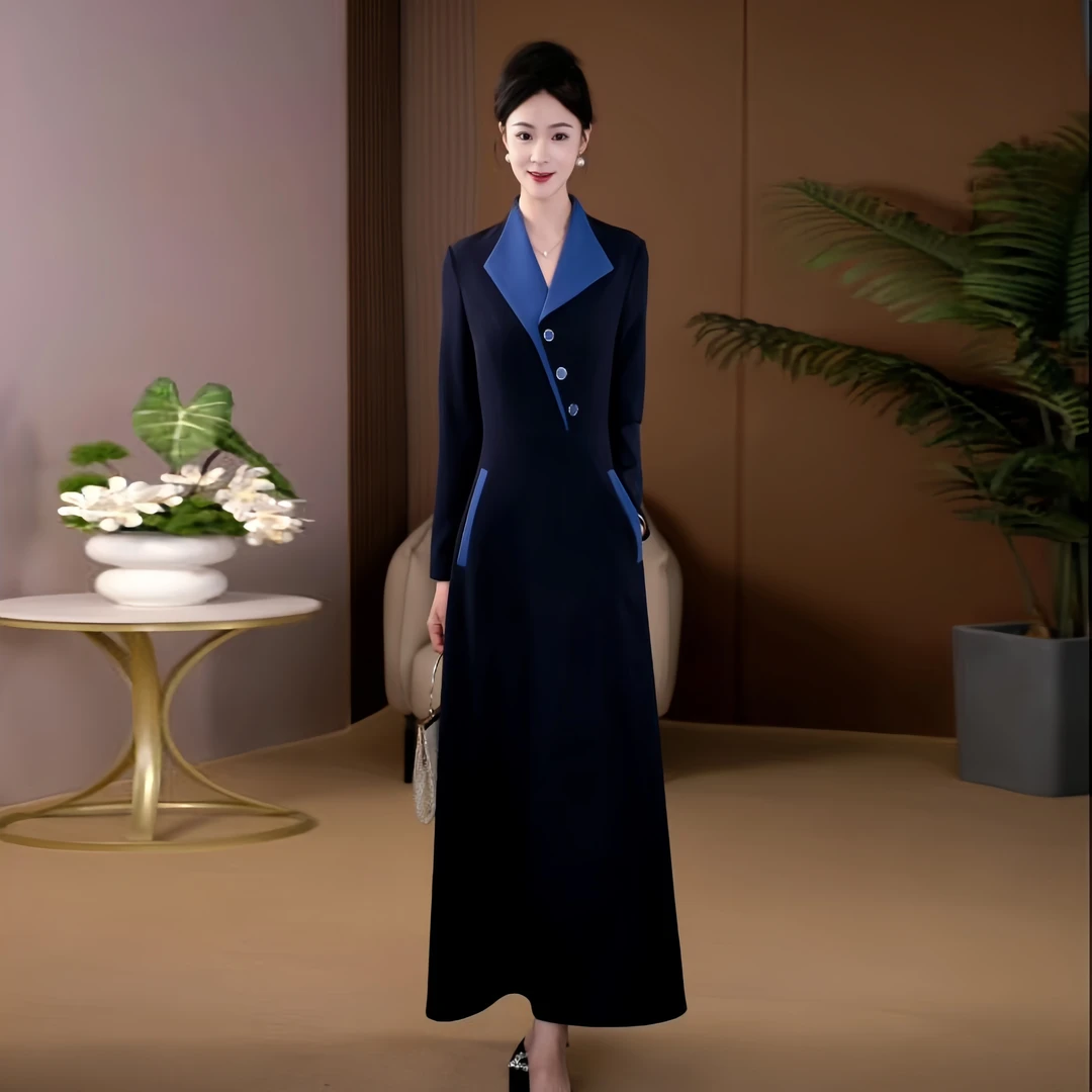 新款连衣裙2025春季女收腰显瘦时尚撞色气质假领件长裙1047