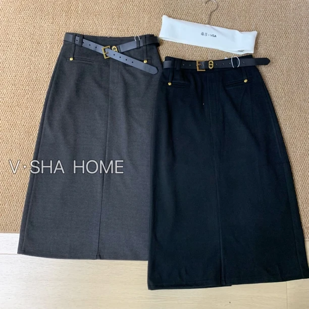 薇莎8056【中长款】配腰带呢料中长款半身裙