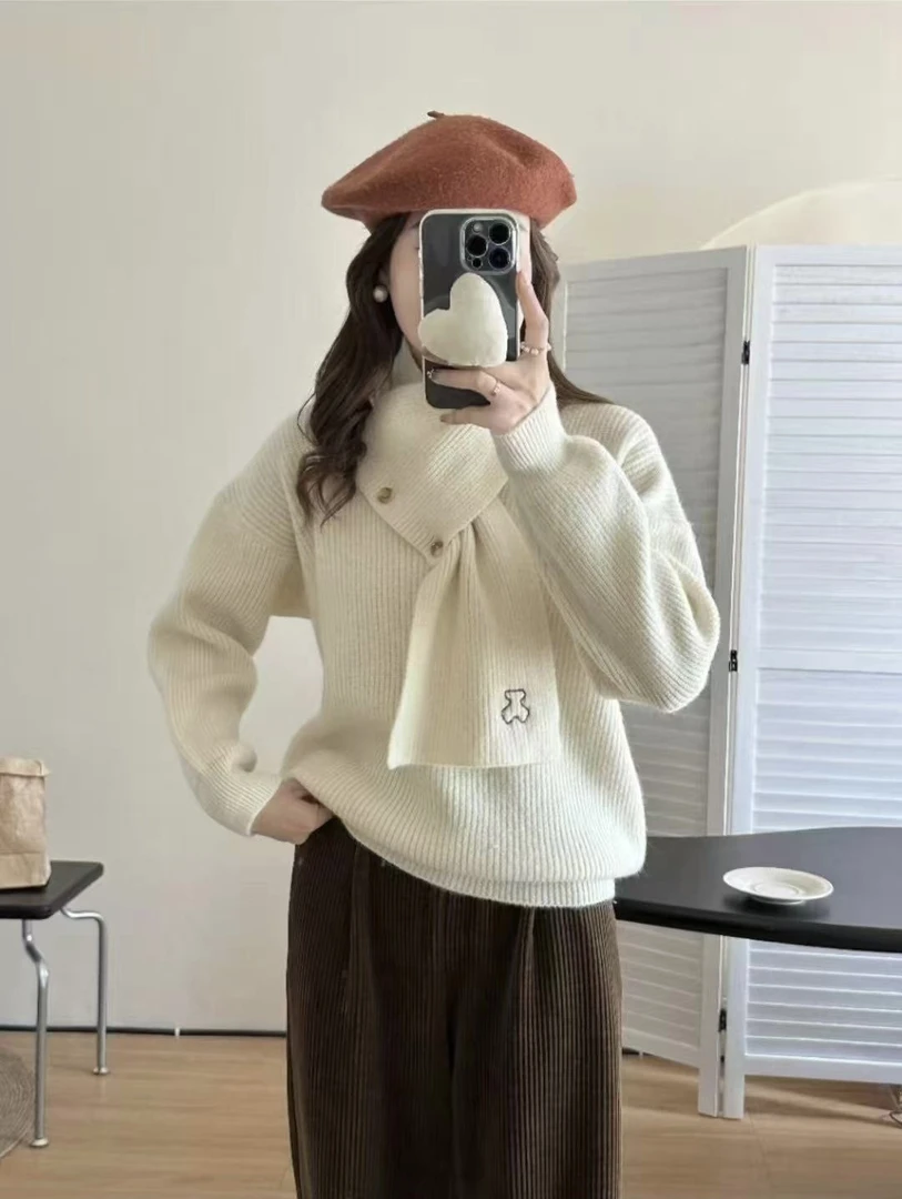 薇莎【现货】配围巾V领毛衣