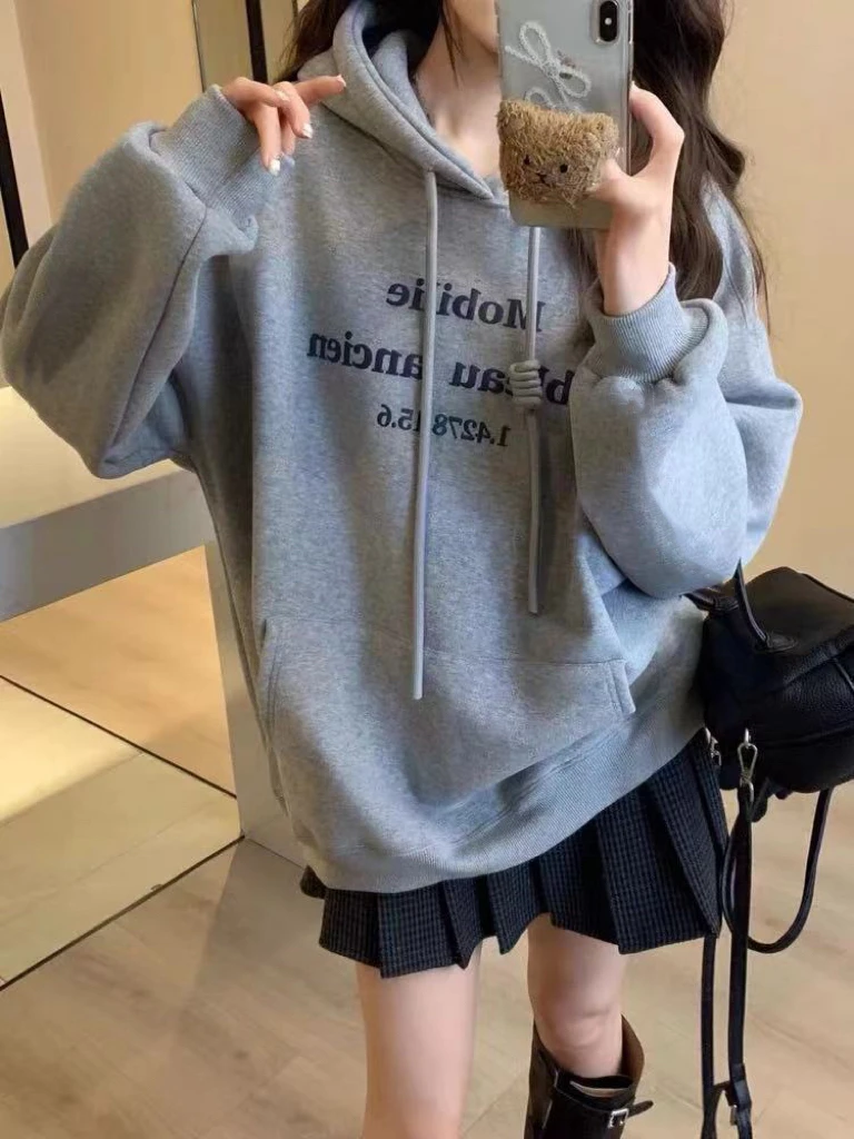 薇莎9333【大口袋】连帽印花字母加绒百搭中长时尚卫衣