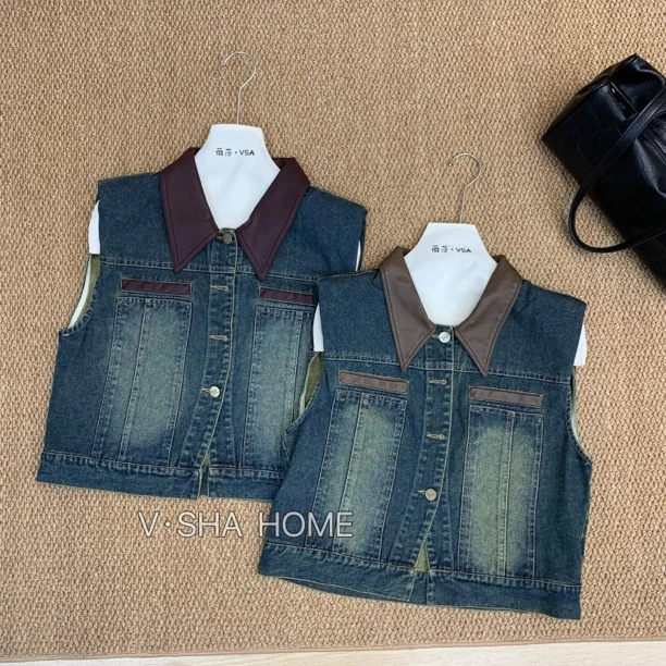 薇莎8802【现货】拼皮领牛仔马甲单马甲