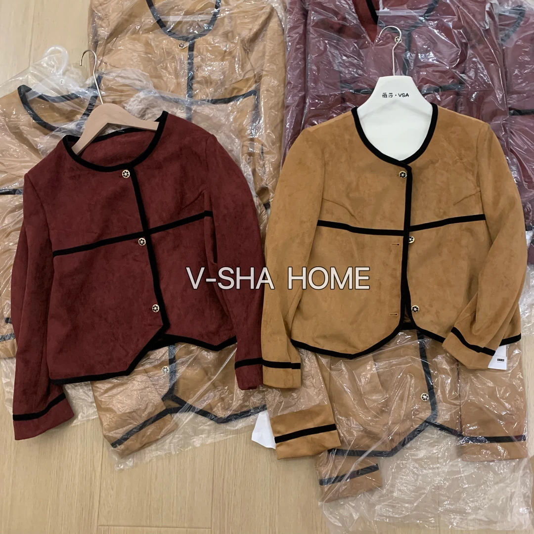 薇莎6601【现货】麂皮绒韩系拼条百搭外套