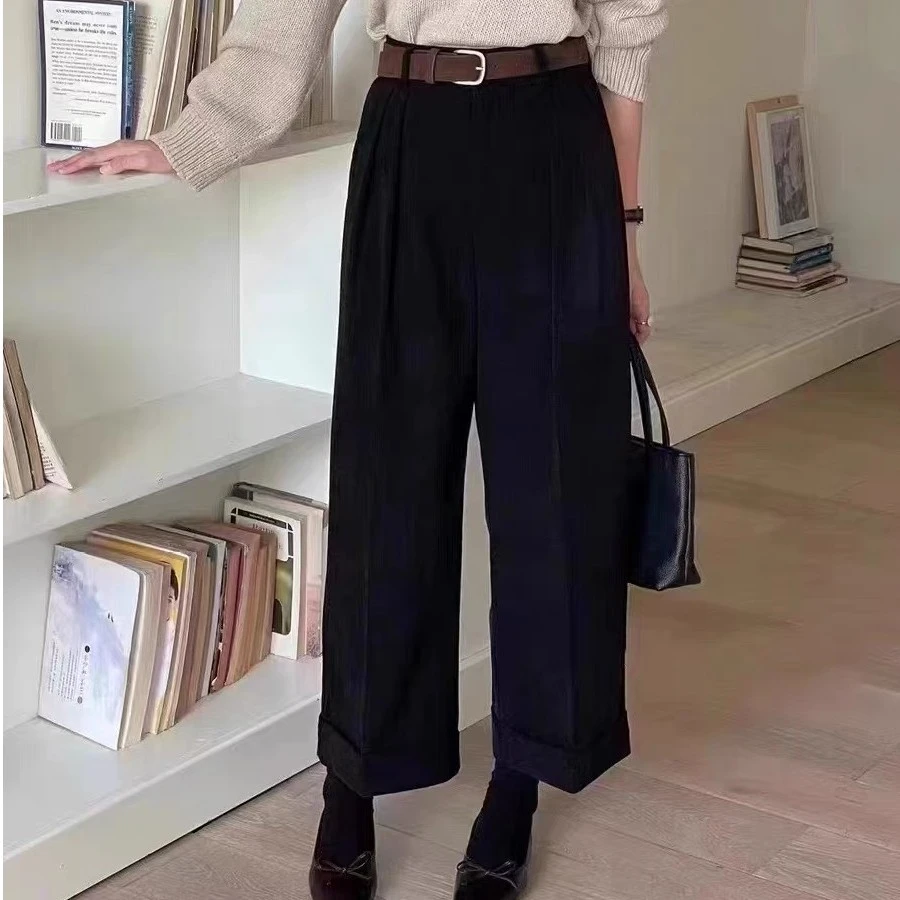 薇莎23175【现货浮力】韩系卷边九分直筒裤欧棉绒阔腿裤【配皮带】