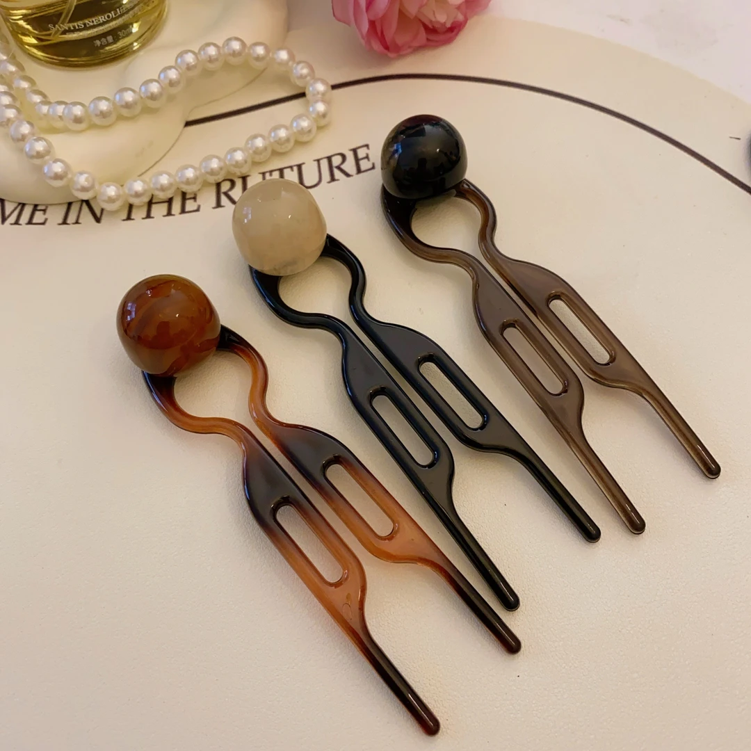 咖色圆珠玳瑁色小鱼发簪新中式国潮盘发插梳后脑勺丸子头盘发神器