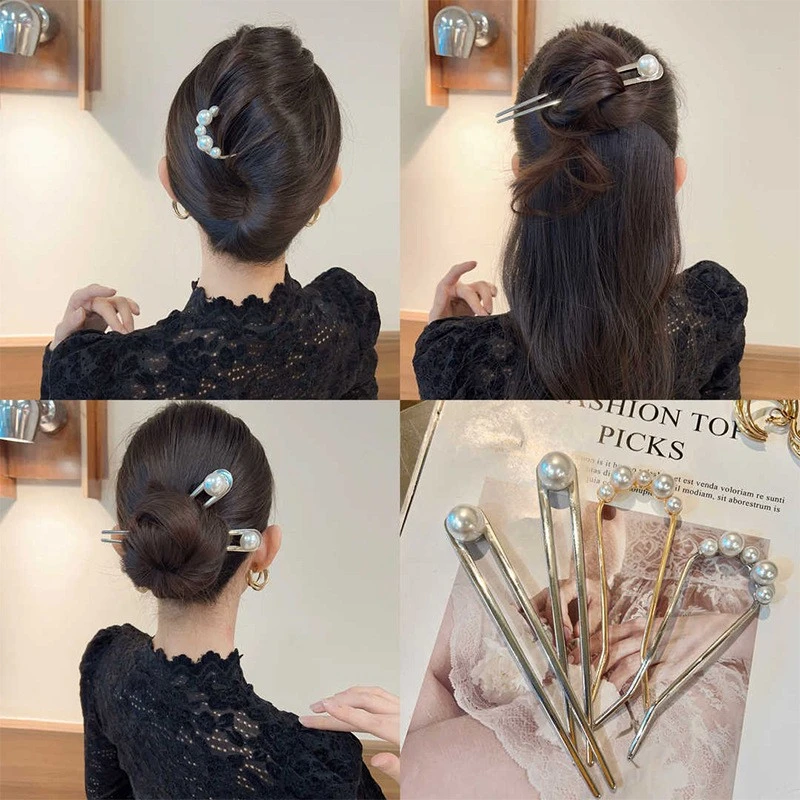 新中式合金U型珠珠发簪盘发钗
