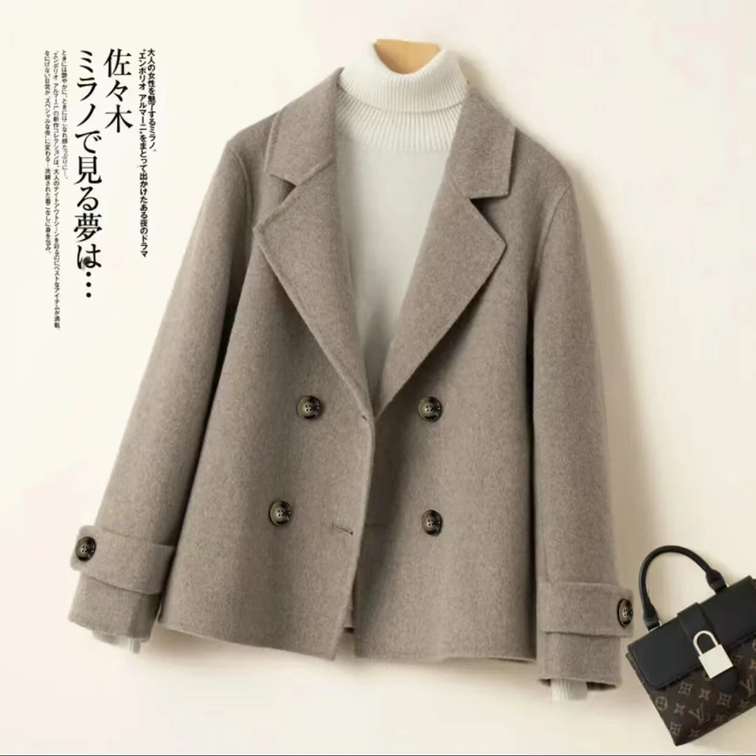 冬季时尚双排扣休闲韩版女宽松中长款秋冬双面呢大衣外套短款-01