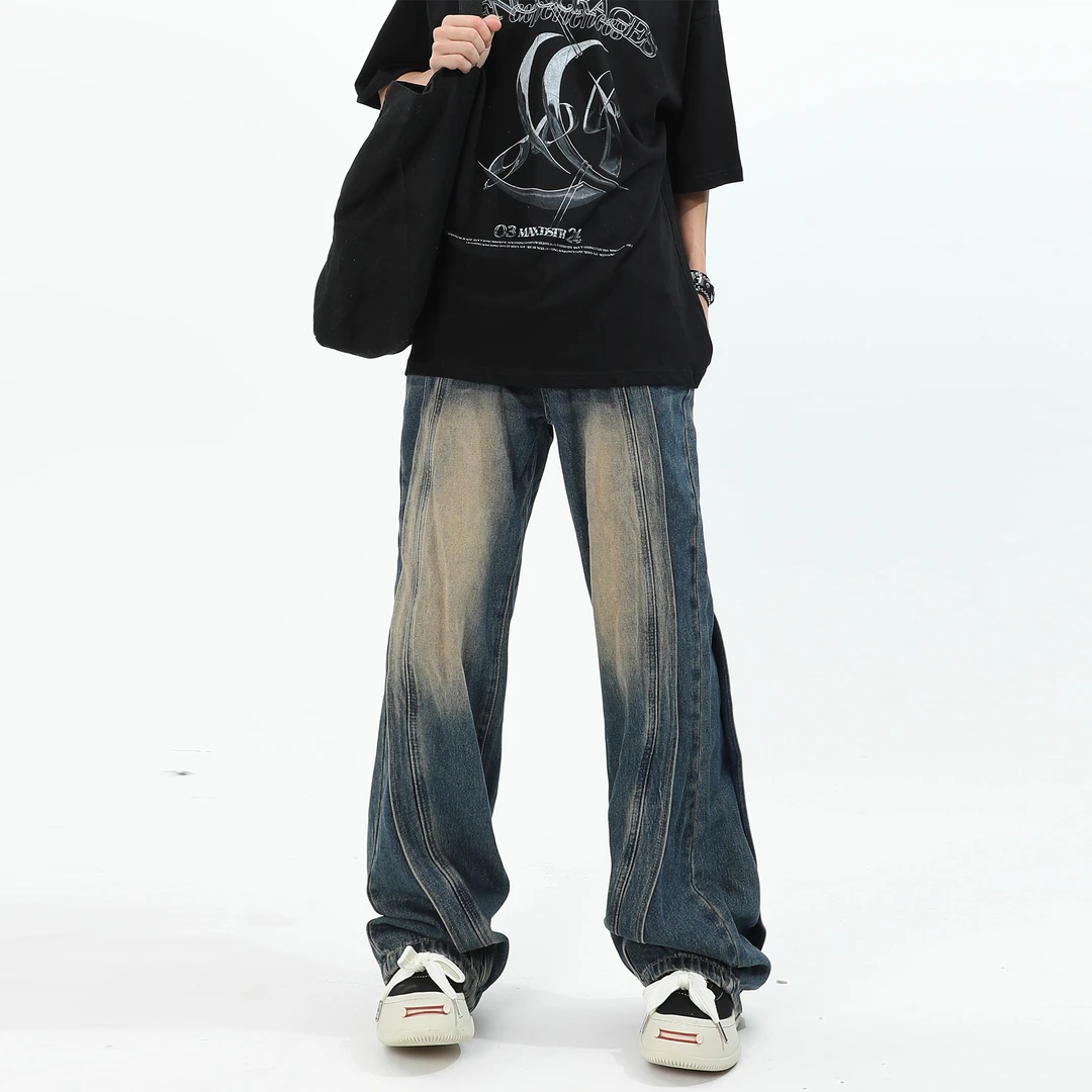 马煜2023美式重磅高级感拼接牛仔裤男宽松高街阔腿垂感直筒裤长裤