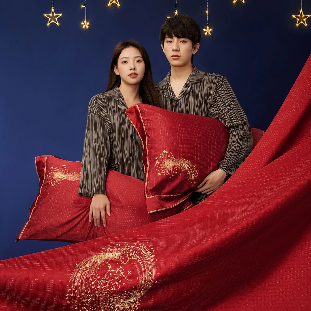 水星家纺结婚喜庆长绒棉创意床上用品大红四件套情侣婚庆用品严选