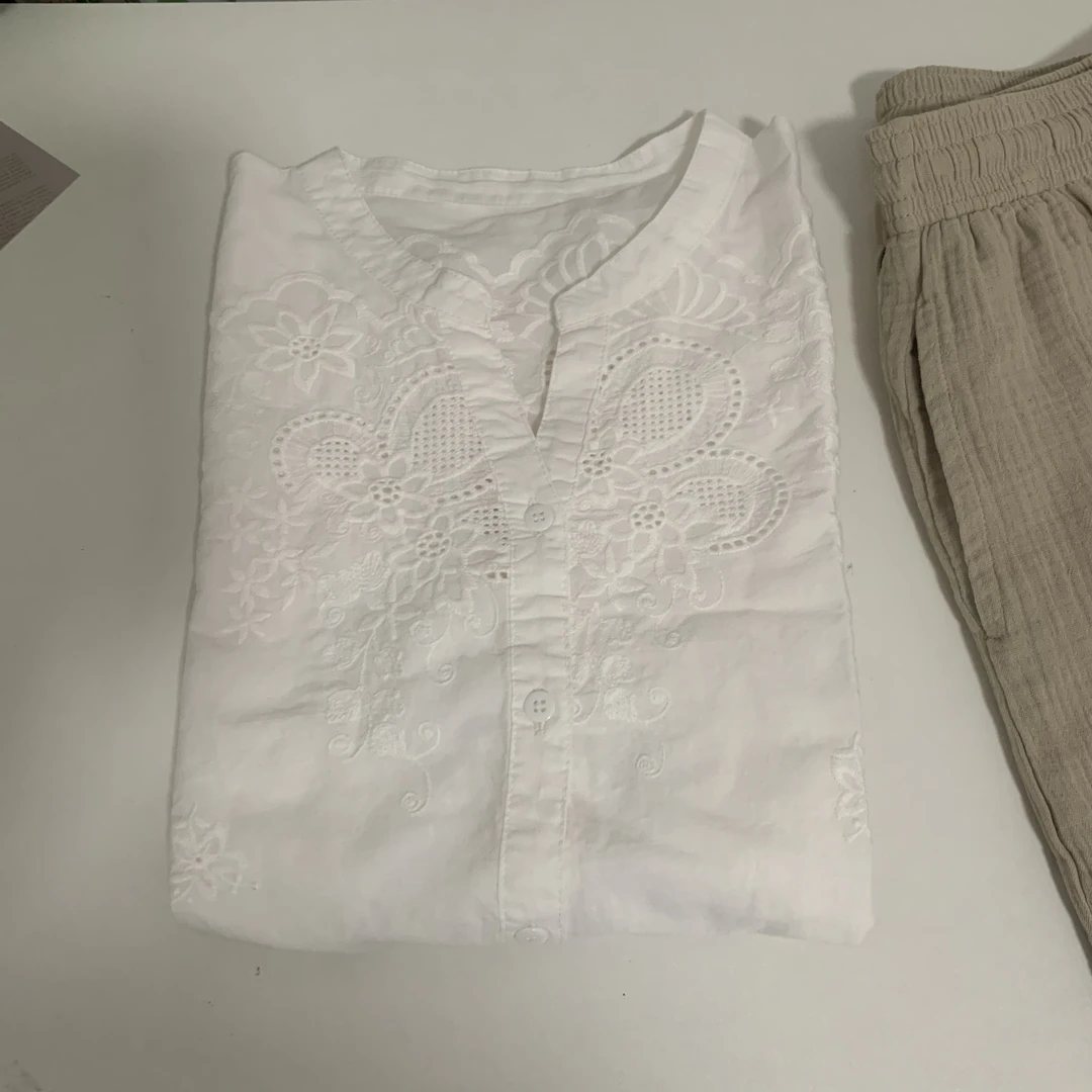 夏季纯棉舒适蕾丝镂空衬衫白色