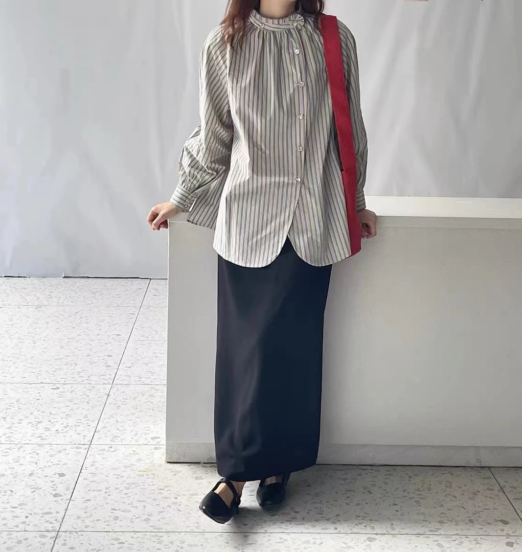 高密棉 宽松韩版 不对称设计感 蓝白条纹衬衫