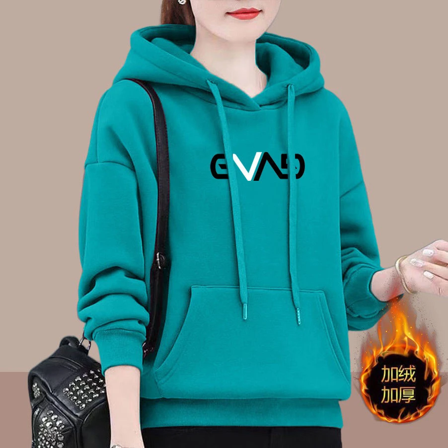 加绒加厚卫衣女冬季保暖衫连帽减龄印花妈妈装显瘦宽松百搭上衣潮