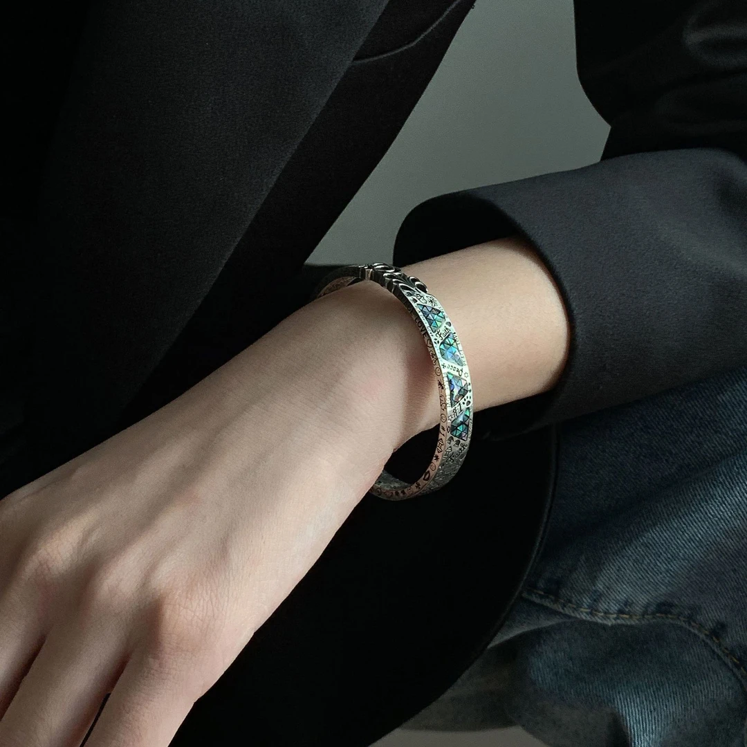 蓝色彩贝几何涂鸦图腾开口手镯时尚手工彩色手环情侣轻奢小众绿色