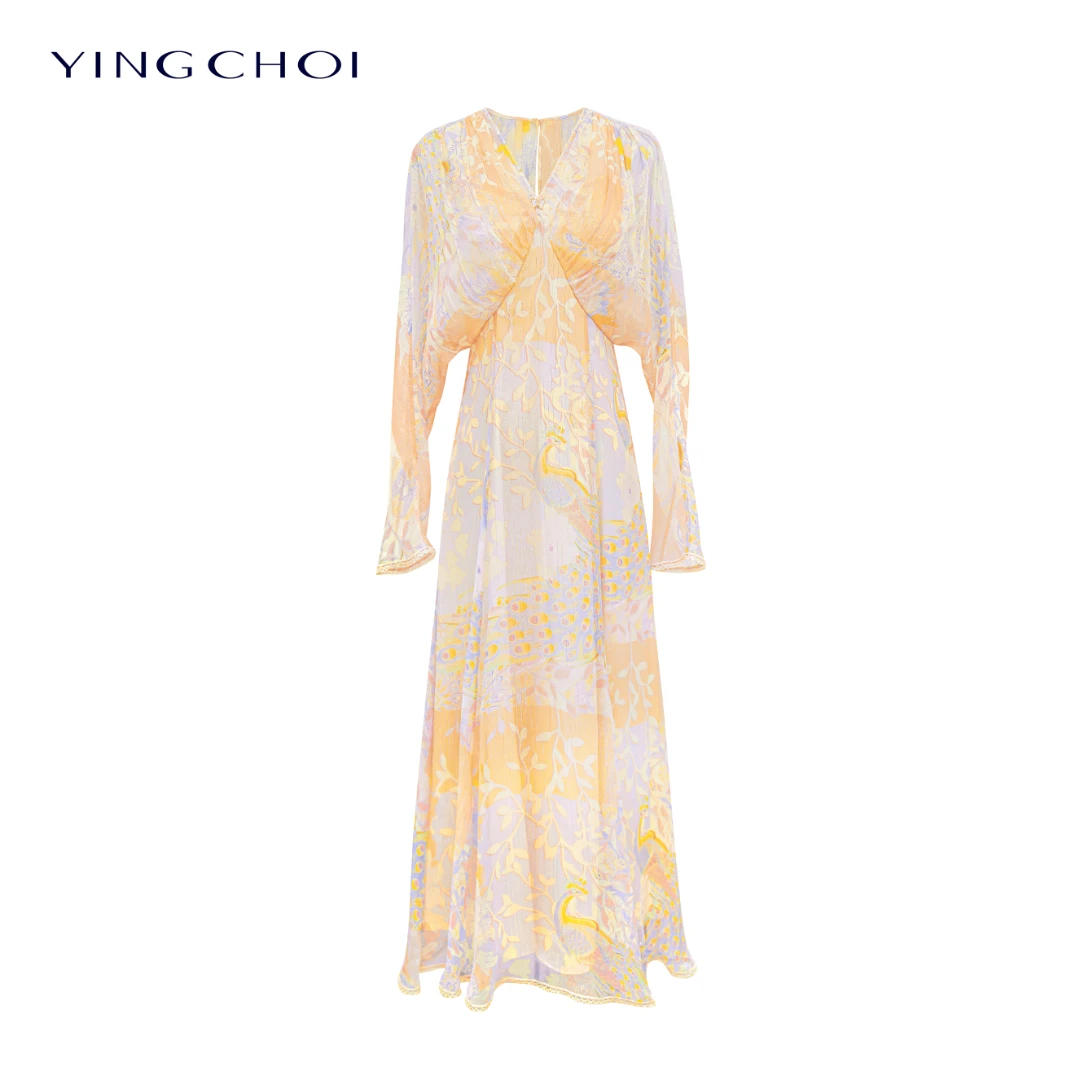 【微雨如酥】YINGCHOI 孔雀橘桑蚕丝印花蝙蝠袖连衣裙 32113